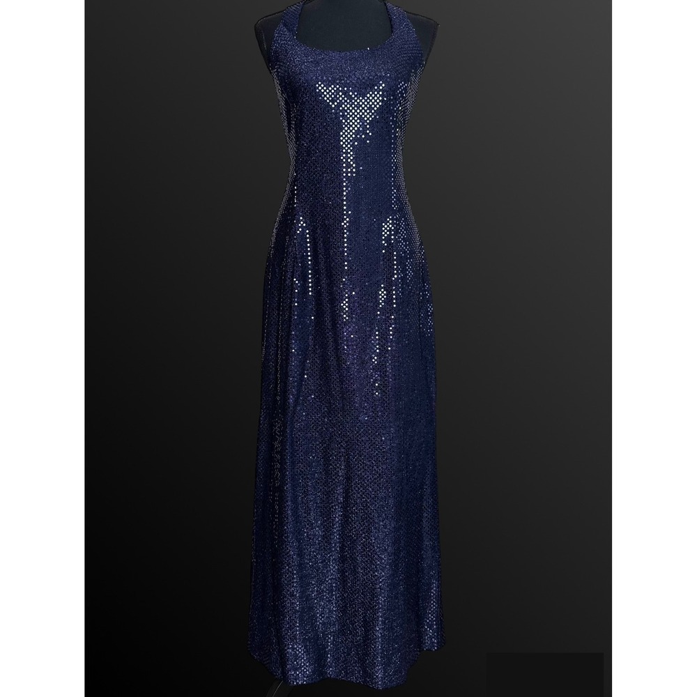 Jessica McClintock Gunne Sax Navy Sequin Halter Maxi Dress Gown 11/12 Y2K Glam